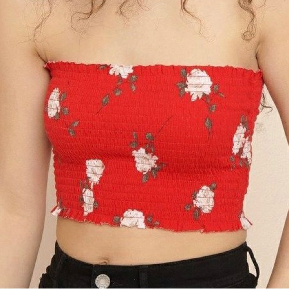 Garage Red Floral Smocked Tube Top - Picture 4 of 4